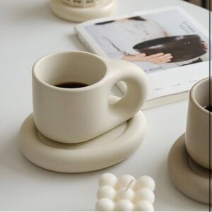 Matte Cream Ceramic Mug with Saucer Cloud Shape Whimsy